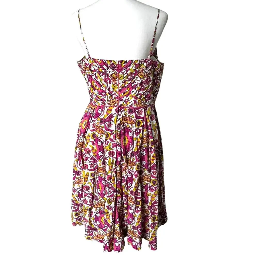 TORY‎ BURCH Women's 12 Pink Yellow Floral Pleated Sun Dress Pockets Bright Fairy